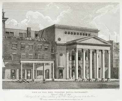 View of the New Theatre Royal, Haymarket, in London, Opened July 4th 1821, Showing also the Relative Situation of the Old Theatre Previous to its Demolition, engraved by Dale, 1822 by Robert Blemell after Schnebbelie
